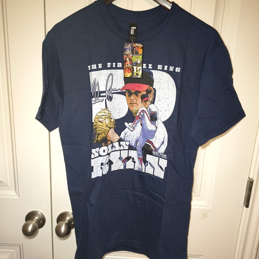 Nolan Ryan 500 Level Navy Blue Fireball King Baseball Graphic T-Shirt Mens M NWT